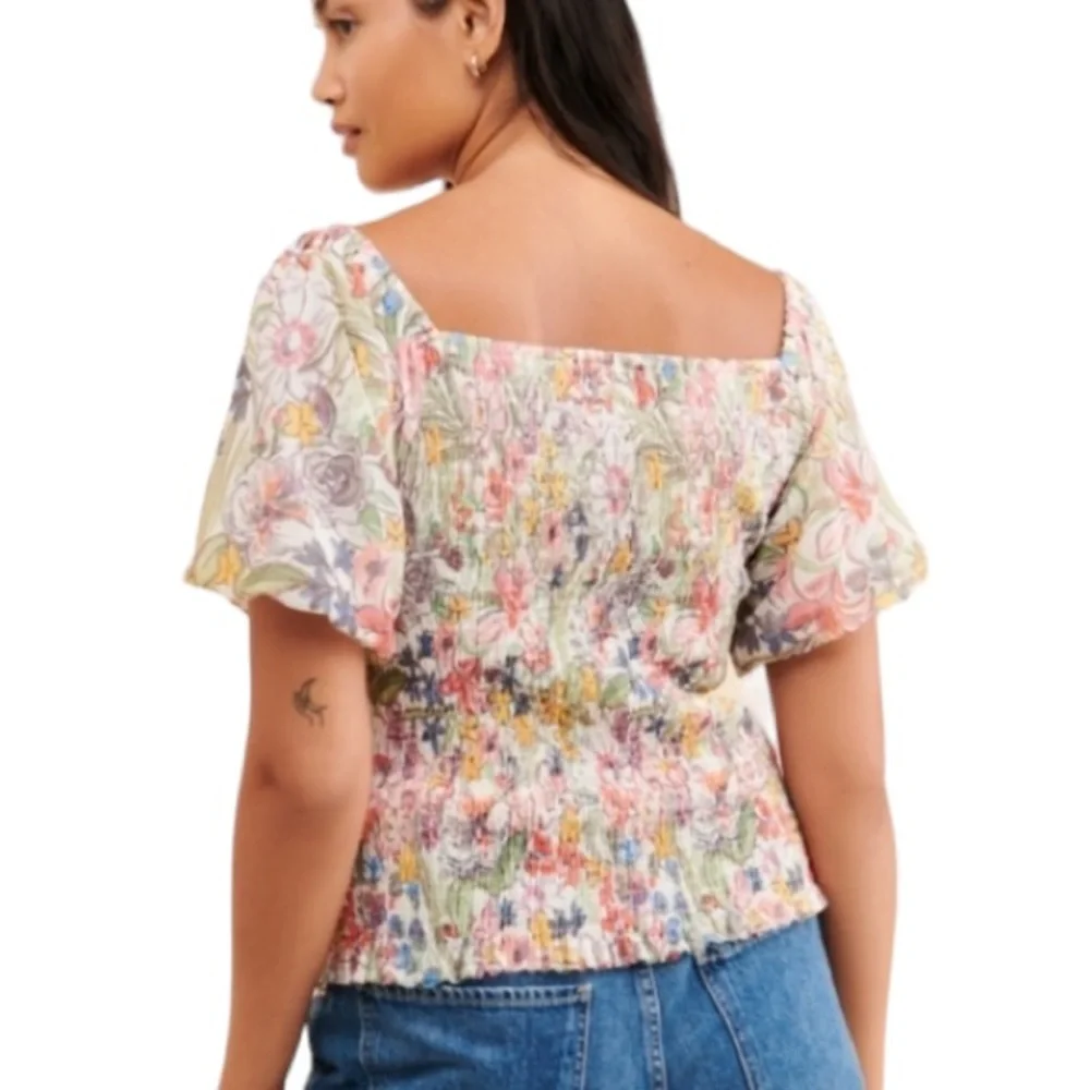 Anthropologie Aurelia Smocked Floral Puff Sleeve Cropped Crinkle Top - S - Picture 2 of 14
